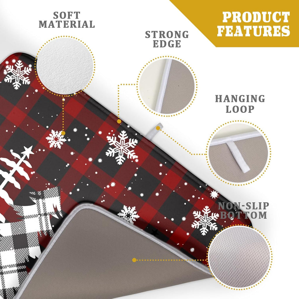 Merry Christmas Dish Drying Mat for Kitchen Counter 18x24 Inch Watercolor Buffalo Plaid Christmas Tree Microfiber Absorbent Dishes Pad Dish Drainer Mat Protector Kitchen Accessories for Countertop