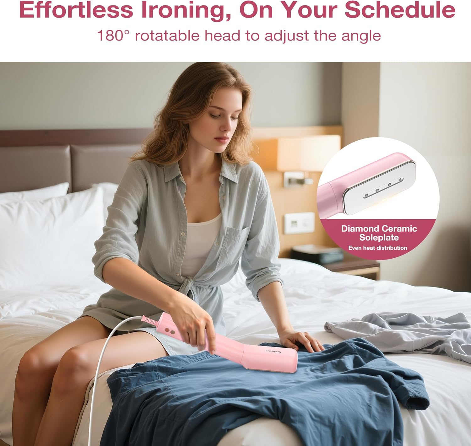 Newbealer 2in1 Travel Iron with Global Voltage, 100-240V Clothes Steamer, Dry Ironing & 2 Steam Levels, Non-Stick Ceramic Soleplate, Fabric Wrinkle Remover, Auto-off, Self Cleaning, No Clamp (Pink)