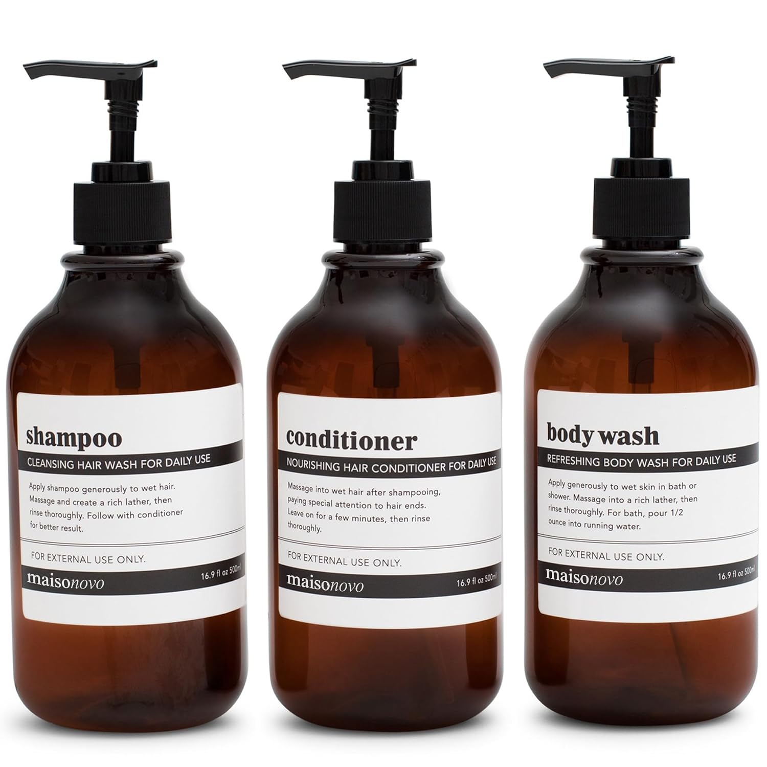 MaisoNovo Refillable Shampoo and Conditioner Bottles | 16.9 fl oz Set of 3 Amber Plastic Bottles Black Pumps