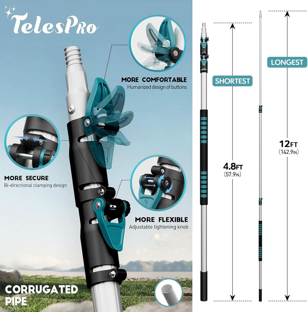 20 Foot High-Reach Duster Kit with 5-12FT Extendable Pole - High Ceiling Duster Cleaning Kit with Telescopic Pole,Cobweb Duster, Chenille Ceiling Fan Duster, Microfiber Feather Duster