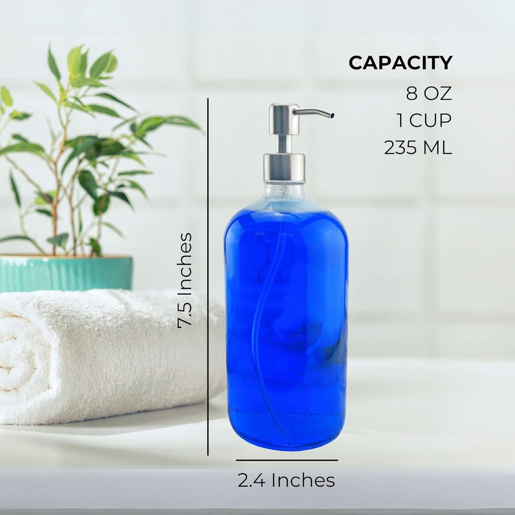 Cornucopia Brands 8-Ounce Clear Glass Boston Round Bottles w/Stainless Steel Lotion Pumps (4-Pack); Empty Refillable Liquid Soap & Lotion Bottles
