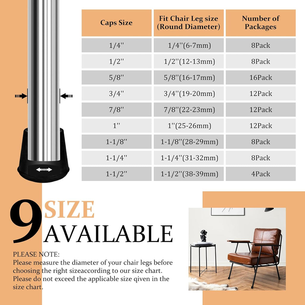 5/8" Round Rubber Chair Leg Tips Caps, 16 Pack Small Chair Leg Floor Protectors Small Furniture Legs Caps Non Slip Reduce Noise for Hardwood Floors (Black, Fit: 16mm to 17mm)