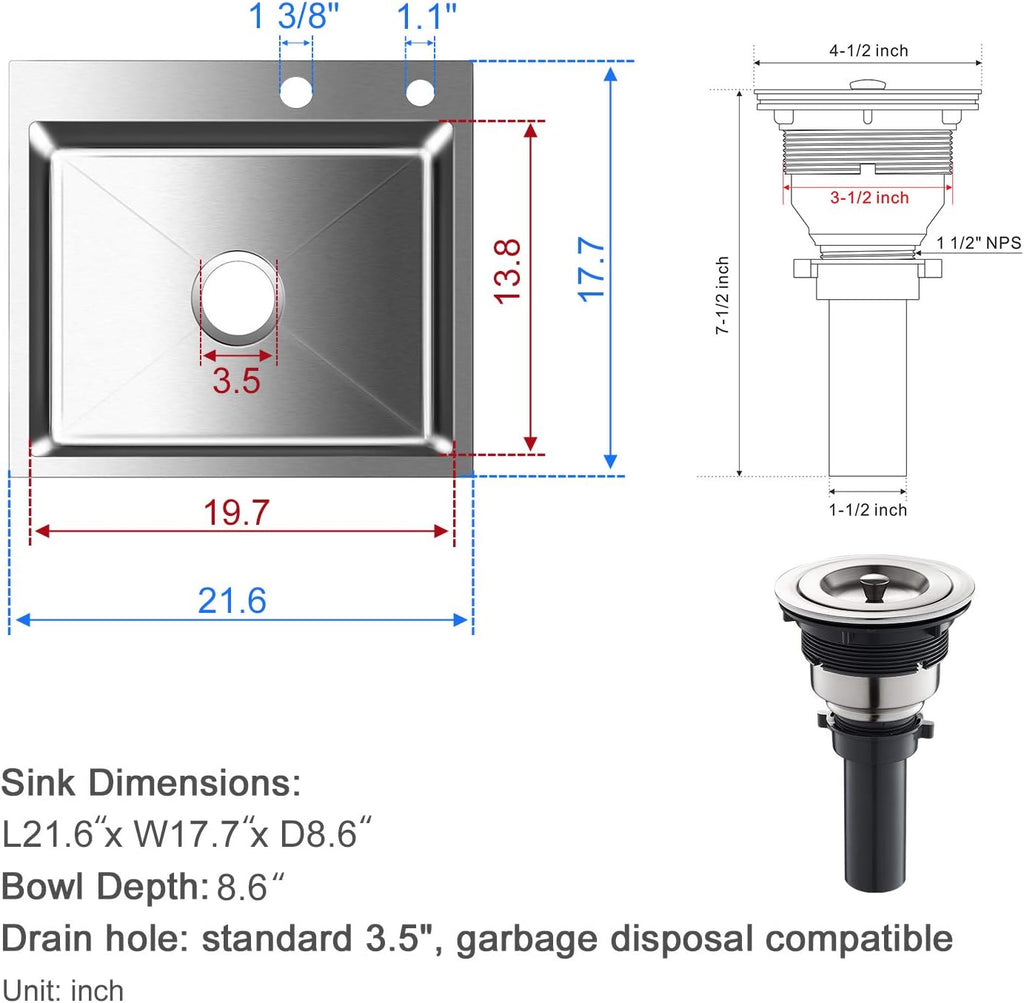 21.6x17.7 inch Drop in Kitchen Sink, Handmade 304 Stainless Steel Sink with 2 Holes, 8.6" Deep Single Bowl, R10 Tight Radius, Topmount Kitchen Sink with Basket Strainer Drain, Brushed