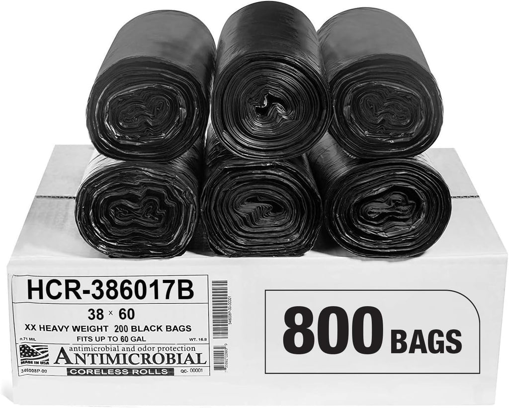 Aluf Plastics High Density Trash Bags, 60 Gallon, 800 Count, 17 Micron (eq), 38" x 60", Black, for Bathroom, Office, Industrial, Commercial, Janitorial, Municipal, Recycling