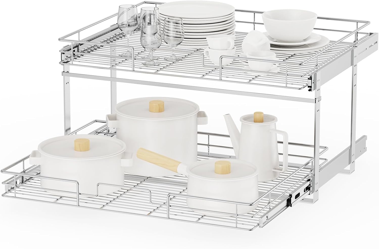 ROOMTEC Individual Pull Out Cabinet Organizer (25½"W x 21½"D), 2 Tier Spice Rack Organizer for Cabinet, Slide Out Drawer Pantry Shelf Organization and Storage for Kitchen Bathroom