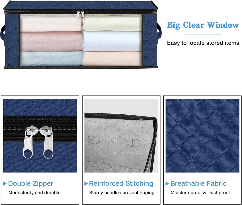 HomeHacks Storage 4-Pack Clothes Organizer Storage Bags Foldable Storage Box with Large Clear Window Sturdy Handles for Closet, Dorm, Pillows, Bedding, Clothes, Blankets, 35L, Blue