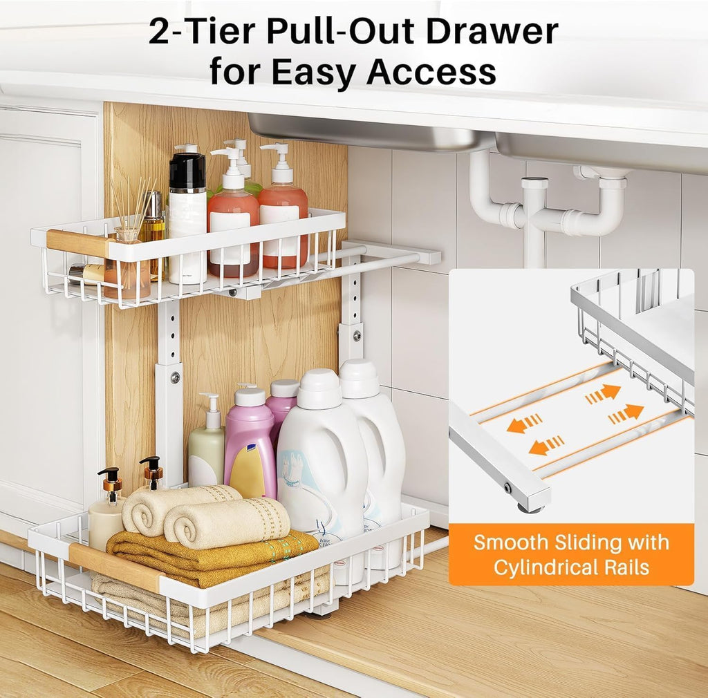 PXRACK 2 Pack Under Sink Organizer,Adjustable Height,2 Tier Pull Out Under Cabinet Organizer,Slide Out Thickened Metal Under Sink Storage for Kitchen Bathroom Laundry Cabinet Pantry,White(S)