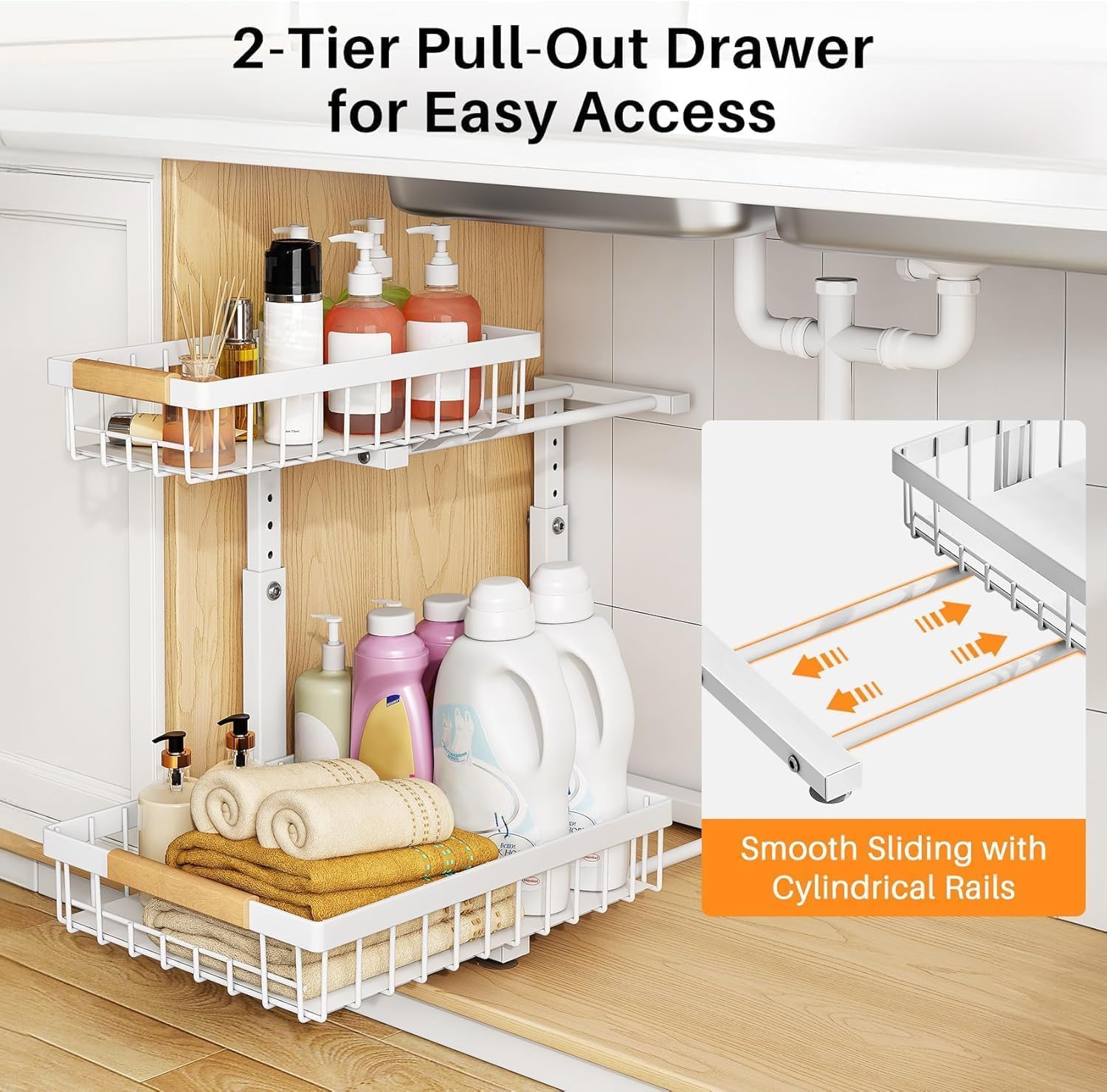 PXRACK 1 Pack Under Sink Organizer,Adjustable Height,2 Tier Pull Out Under Cabinet Organizer,Slide Out Thickened Metal Under Sink Storage for Kitchen Bathroom Laundry Cabinet Pantry,White(S)
