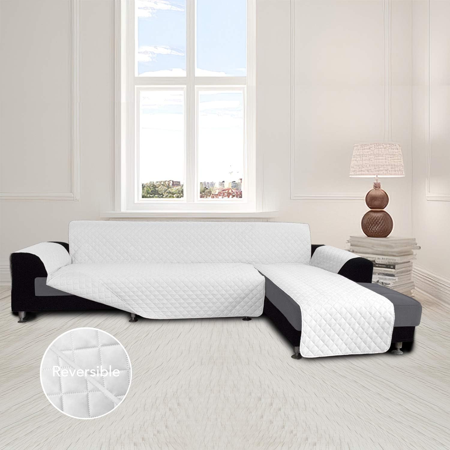 Easy-Going L Shape Sofa Slipcover - Sectional Couch Cover with Chaise - Reversible Sofa Cover for Pets & Kids (Large, White/White)