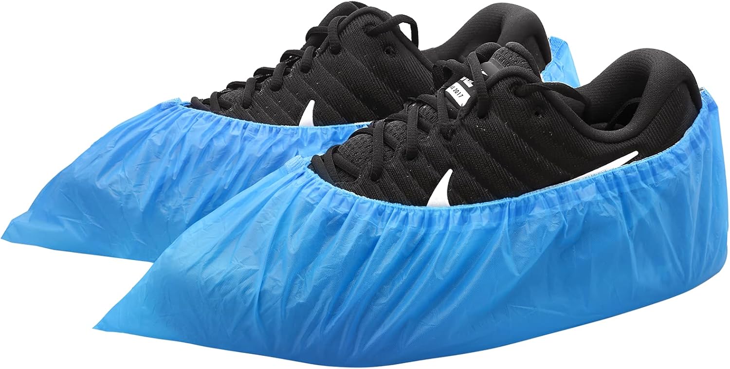 Hitituto Shoe Covers Disposable Non-slip for Indoors -200 Pieces (100 Pairs) Waterproof Premium CPE Booties Shoes Protectors Coverings, fits up to size 11 US Men and 13 US Women, Blue, Large