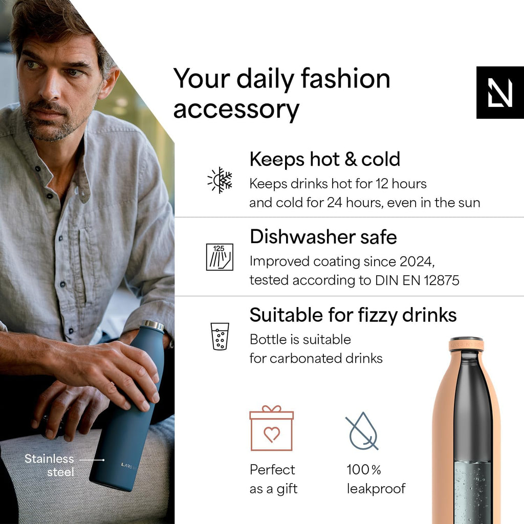 LARS NYSØM Stainless Steel Insulated XL Water Bottle 12oz 17oz 25oz 34oz 51oz | Insulated Thermo Flask for Hot and Cold Beverages | Leakproof Drinking Bottle (Creamy Peach, 50.7 oz)
