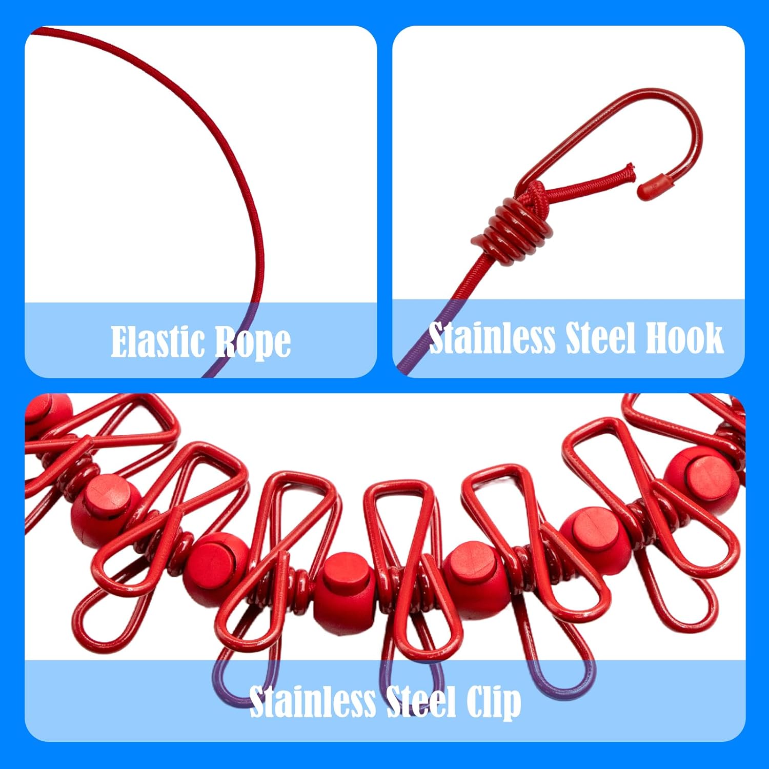 2 Pack Camping Clothesline Portable 12 Clothespins, Red Camping Accessories Travel Clothesline for Outdoor Indoor, Retractable Clothes Line Elastic Clothesline for Camper Hotel Room