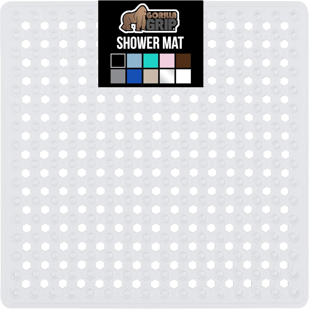 GORILLA GRIP Patented Square Shower Stall Mat, Small Bathtub Floor Mats for Stand Up Showers with Suction Cups and Drainage Holes, Machine Wash, Soft on Feet, Bathroom Accessories 21x21 Inch, White