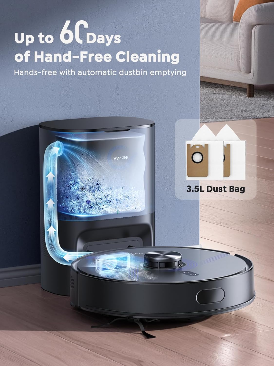 Vyzzle E20 Robot Vacuum and Mop, 60-Day Robot Vacuum Self Emptying, 5500Pa Suction, Zoned & Scheduled Cleaning, LiDAR Navigation, Vacuum Robot for Pet Hair, Carpets, Floors, WiFi/App/Voice Control