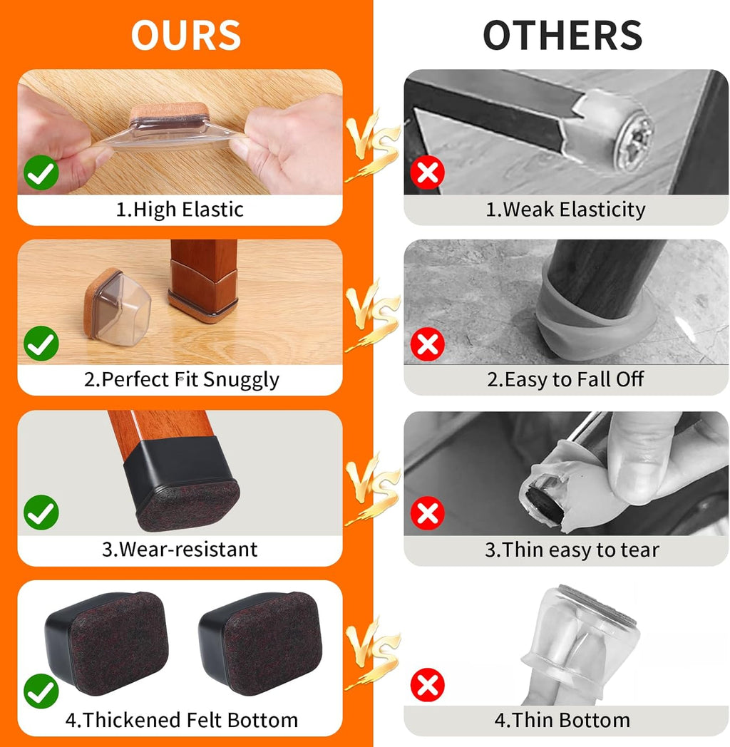 Ezprotekt 24 Pcs Rectangle Clear Silicone Chair Leg Floor Protectors Caps, Rectangle Felt Furniture Pads Covers Cups for Chair Table - Anti- Scratches and No Noise (Fit L :1.3-1.7", W: 0.6-0.9")