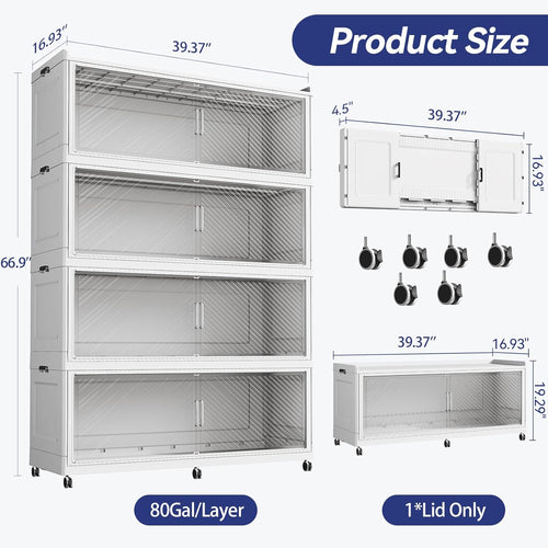 320 Gallon Extra Large Collapsible Storage Bin with Lid, 1280QT Stackable Plastic Organizer with 6x Wheels, Foldable Drawer Cabinet for Closet, Living Room Office Dorm 4Pack, White
