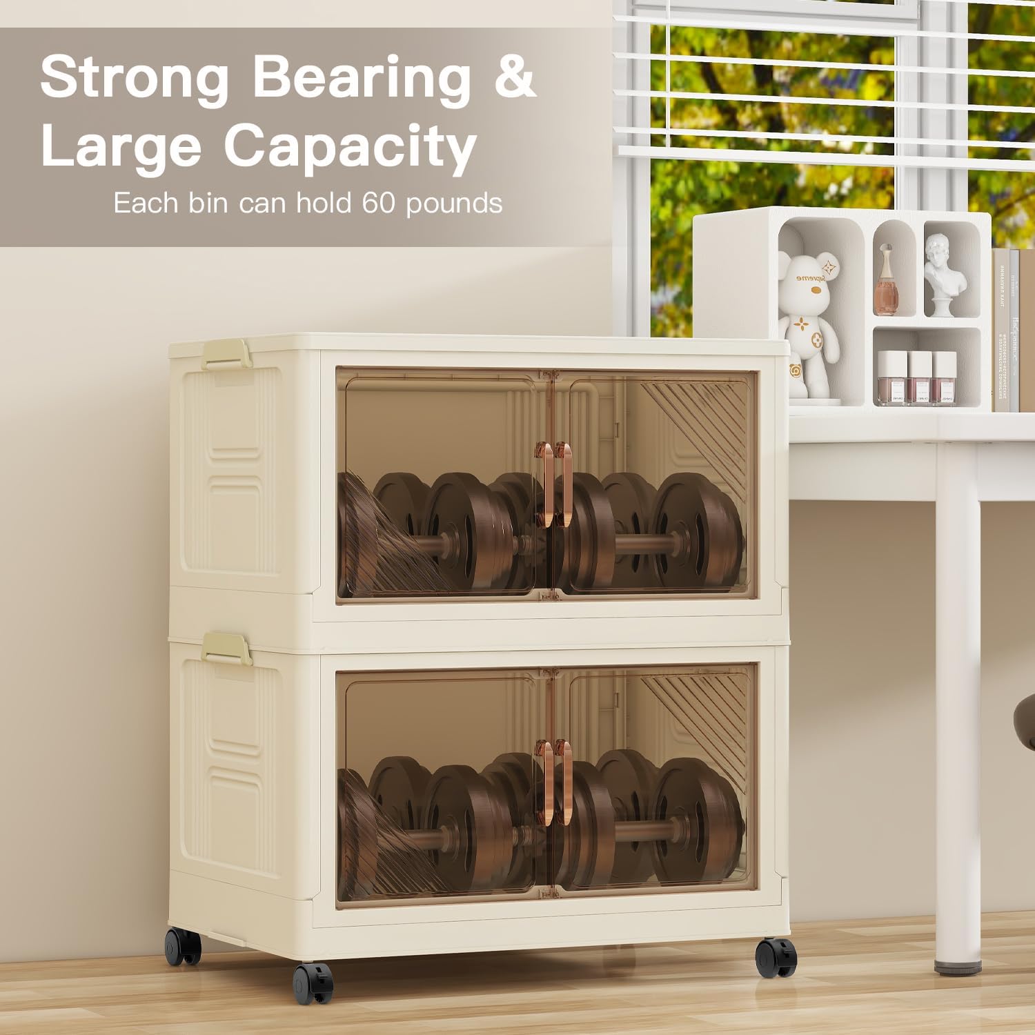 Storage Bins with 5 Lids, 92Qt Extra Large Collapsible Storage Bin with Golden Handles, 5 Packs Stackable Storage Bins with Wheels,Closet Organizers and Storage for Home, Office, Dorms