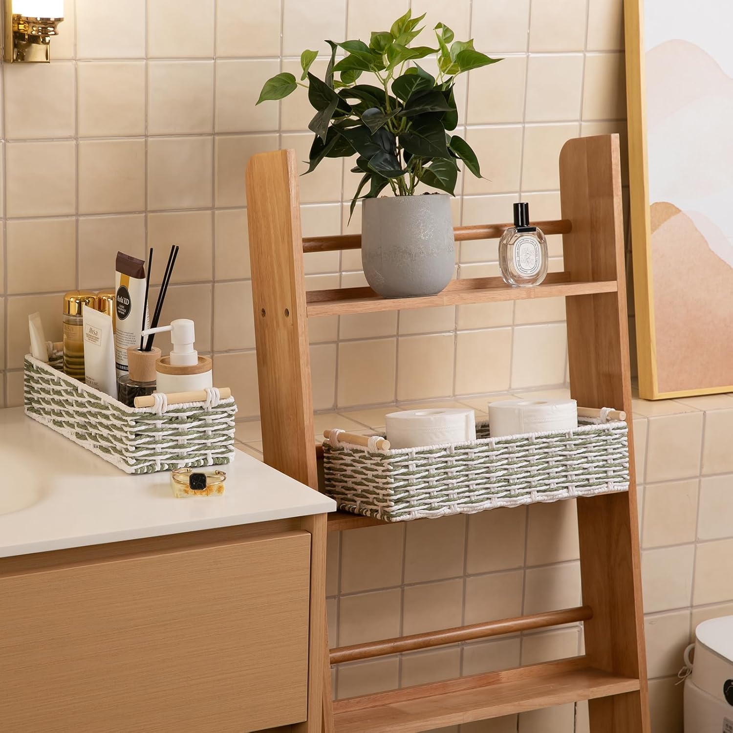 OIAHOMY Toilet Paper Baskets Handmade Paper Rope Decorative Wicker Storage Tank Shelf Cabinet Organizer for Bathroom Home, Set of 2, Green & White