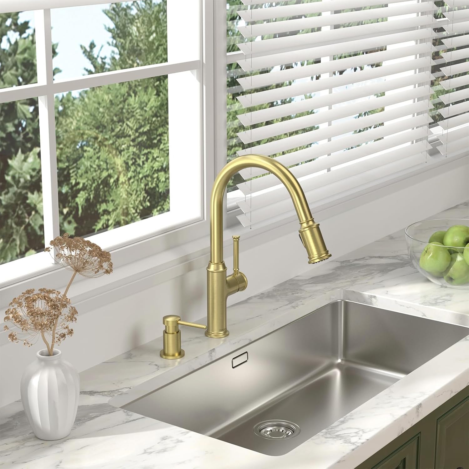 Lava Odoro Gold Soap Dispenser for Kitchen Sink, Modern Brass Built in Countertop Pump Dispenser with 18 Oz Refillable Bottle, Kitchen Soap and Lotion Dispenser Spot-Free, Brushed Gold, KSD-21