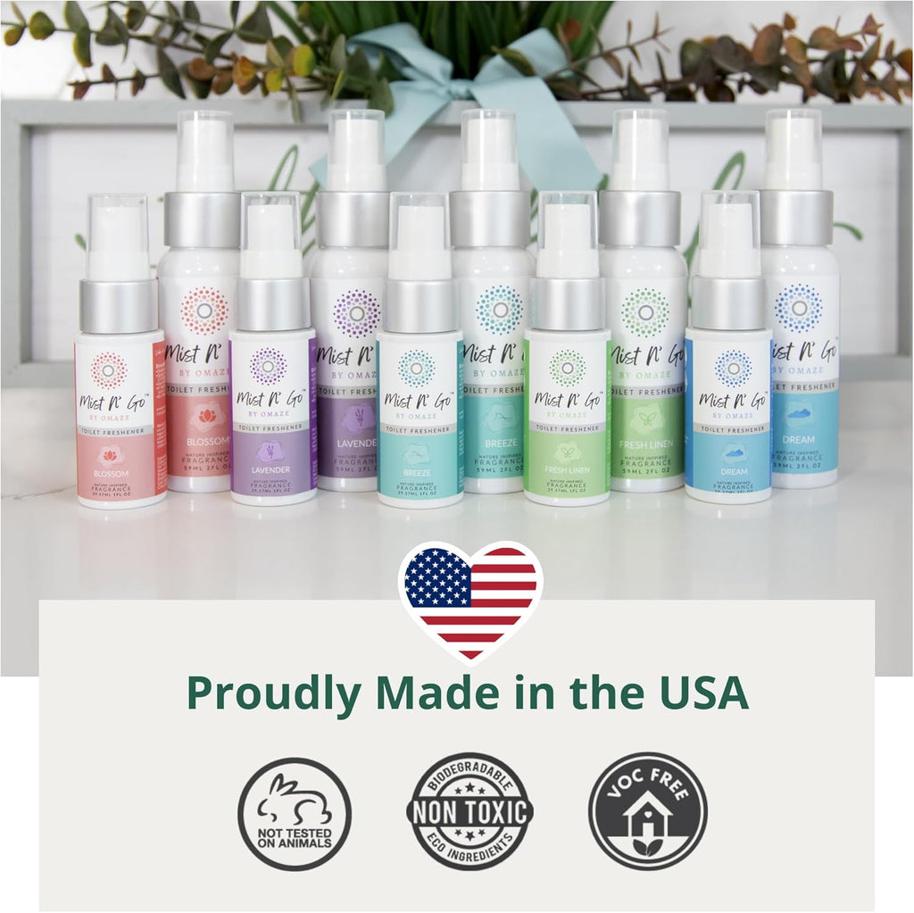Mist N’ Go by Omaze Travel Bathroom Spray for Toilet Spray Odor Eliminator - Travel Toilet Spray for Bathroom Air Freshener Spray for Bathroom Deodorizer - Mix All, Family Pack (2oz x5 + 1oz x5)