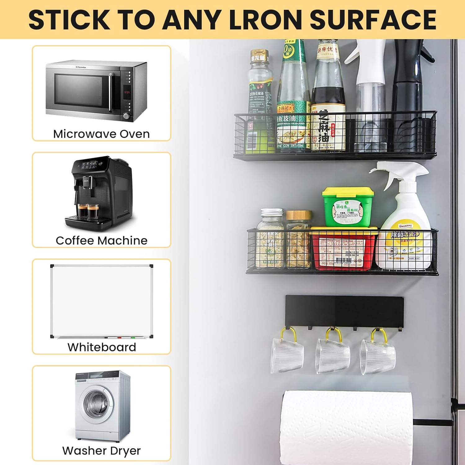 Magnetic Spice Rack for Refrigerator Magnetic Fridge Shelf for Kitchen Spice Organizer Magnetic Shelf, Classic Grid Design, 2*Spice Racks, 1*Hooks Rack, 1*Paper Towel Holder, 5*Removable Hooks