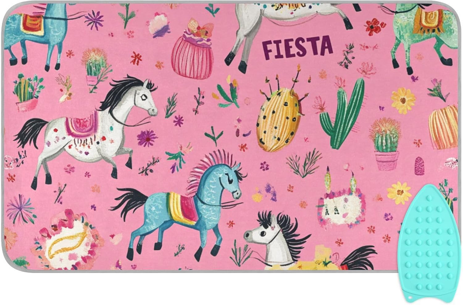 Ironing Mat Portable Ironing Pad Ironing Blanket for Table Top Heat Resistance Double-Side Using Travel Large 47.2 x 27.6 Inch Foldable Lightweight Pink Fiesta Horses Cacti Skulls