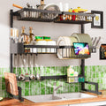3-Tier Over Sink Dish Draining Rack, Adjustable Width and Height, with Phone Holder, Cup Holder, Knife and Chopstick Holder, Cutting Board Rack, Space-Saving Rack