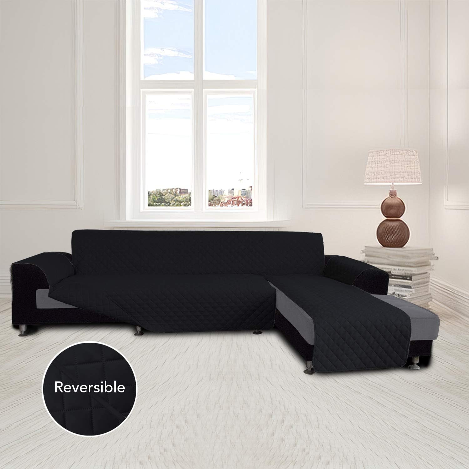 Easy-Going L Shape Sofa Cover - Chaise Lounge Slip Cover Reversible Sofa Protector for Pets, Kids & Furniture (X-Large, Black/Black)