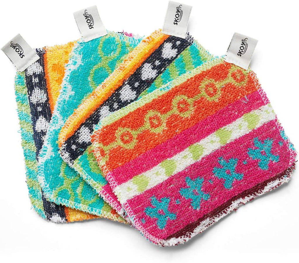 Skoy Scrub, 4-Pack Reusable, Non-Scratching Dish Scrubber for Kitchen and Household Cleaning, Planet-Friendly, Dishwasher Safe Soft Scrub, Assorted Colors and Designs