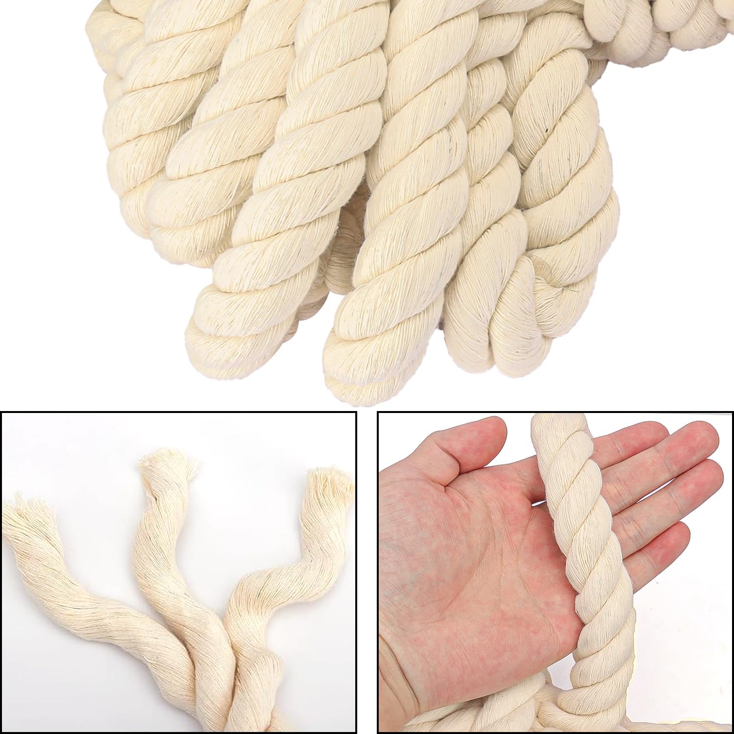 20mm Diameter Natural Twisted Cotton Rope, 49 Feet Length Premium Adult Strength Cotton Rope, Soft, Triple-Strand Rope for Nautical Crafts and Home Decoration