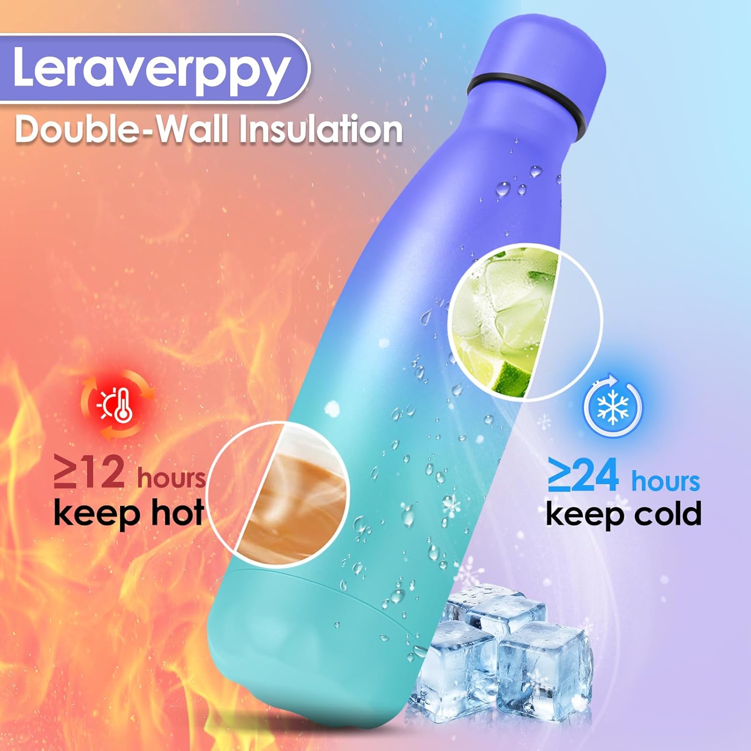 25oz Cola-Bottle Shaped Stainless Steel Leak-proof Water Bottle,Double Wall Vacuum Insulated Metal,Travel Mug For Sports Indoors & Outdoors,BPA-Free Kids Flasks,Purple Blue(2 Pack)