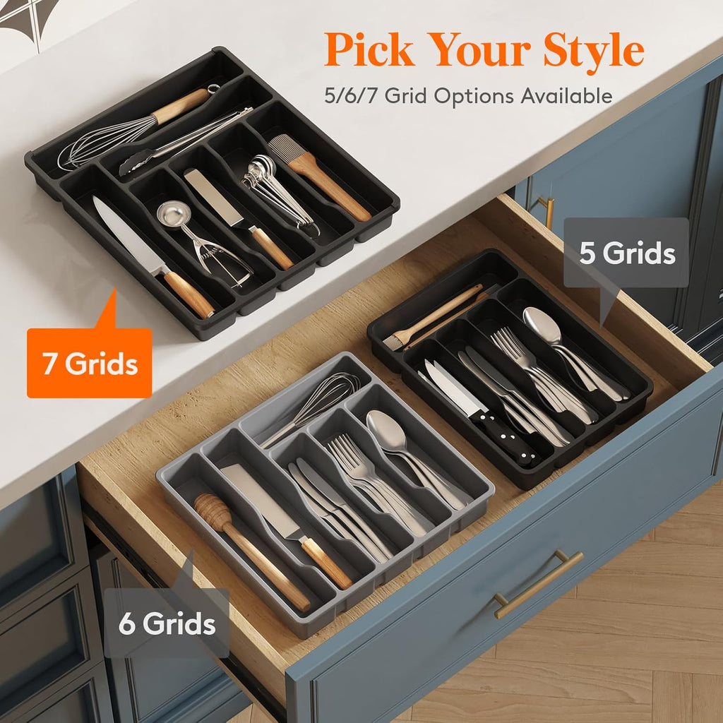 Lifewit Silverware Drawer Organizer Tray, Plastic Cutlery Storage for Kitchen Drawer, Flatware and Utensil Holder Divider for Spoons Forks Knives Tableware, 7 Compartment, Black