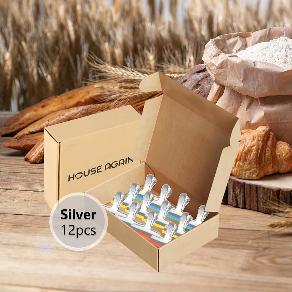 HOUSE AGAIN 12 Small Pack Stainless Steel Chip Bag Clips Covered with Silicone - NO More Sharp Edges - Color Coded for Food Bags - Air Tight Seal, Heavy Duty for Kitchen and Office, 2.5 Inches