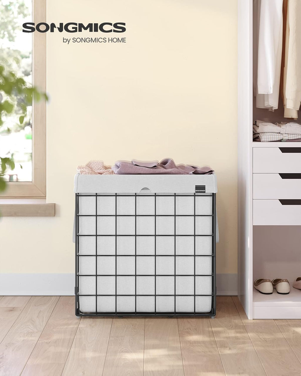 SONGMICS Laundry Hamper, 29 Gal. (110L) Laundry Basket, Collapsible Clothes Hamper, Removable and Washable Liner, Metal Wire Frame, for Bedroom Bathroom, Cream White ULCB111W01