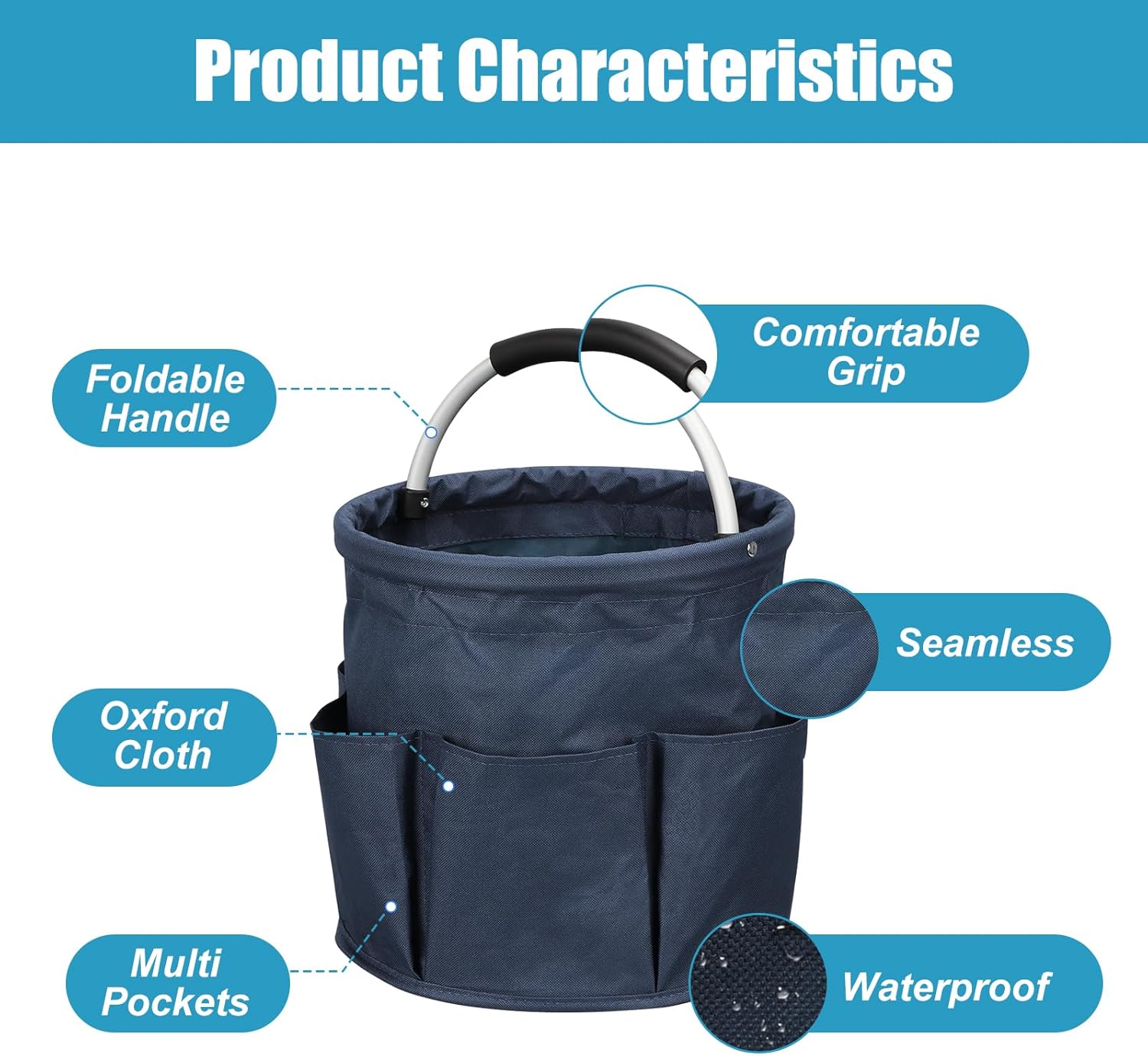 Qivine 17L Cleaning Caddy with Handle, Cleaning Supply Caddy Foldable Tool Bag Cleaning Products Organizers Portable Cleaning Bucket Organiser for Storing Towels(Blue)