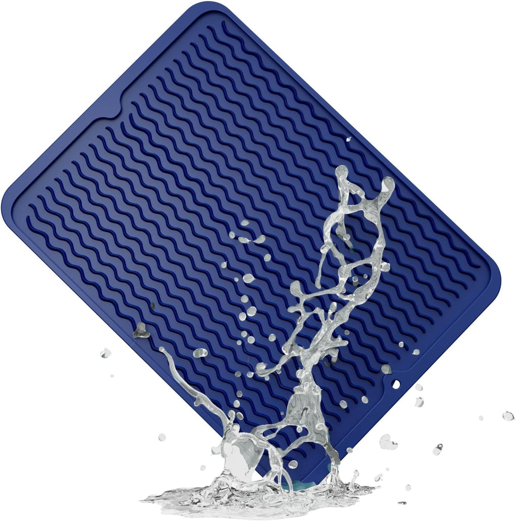 ZLR Silicone Dish Drying Mat for Kitchen Counter, Eco-Friendly Fast Dry Dish Mat, Easy Clean Multi Usage Drying Matt, Heat Resistant Trivet, 12" x 16" Large, Midnight Blue