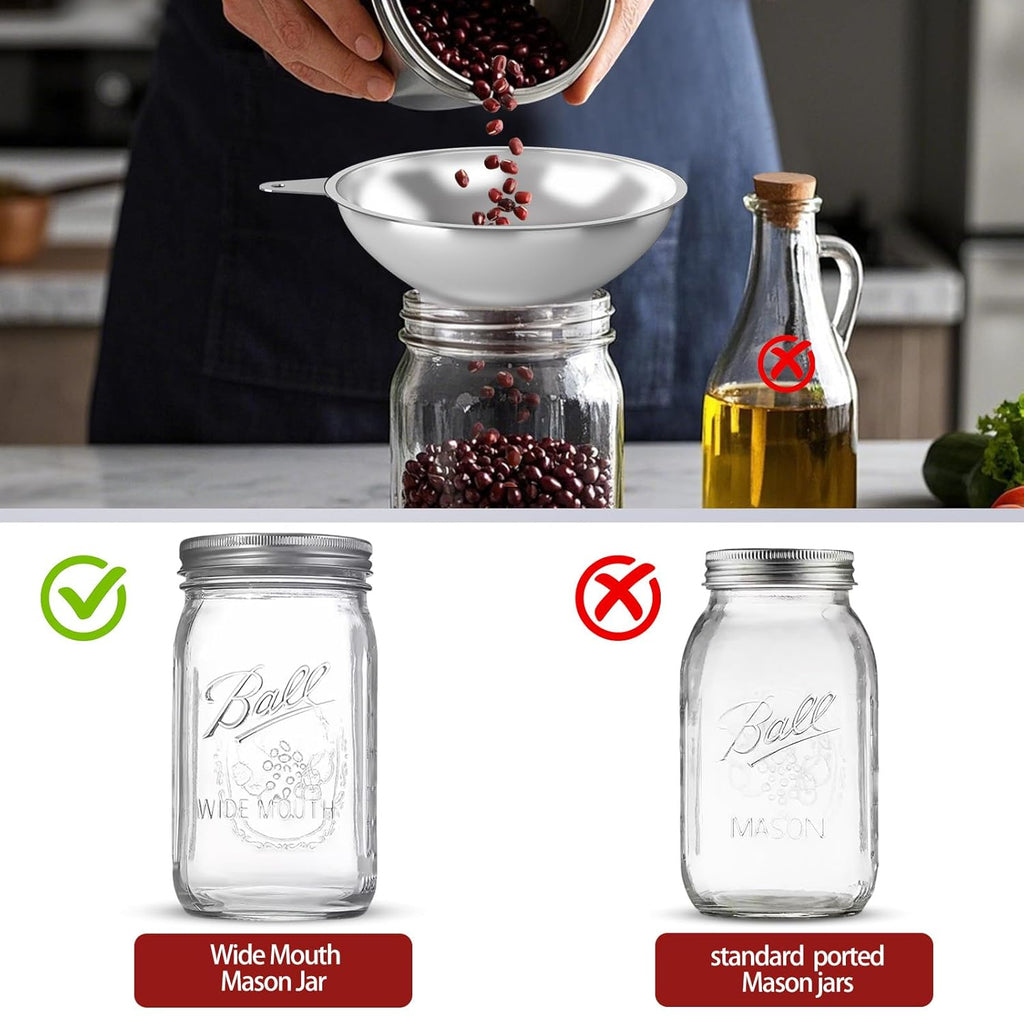 Canning Funnel with Strainer - Wide Mouth Stainless Steel Kitchen Funnel for Mason Jars, Transferring Liquids, Dry Ingredients, Canning & Preserves