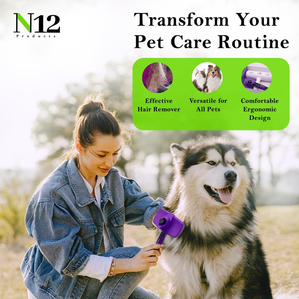 N12 Cat, Dog Hair Remover/Lint Roller and Grooming Hair Bush Combo – Pet Fur Remover for Couch, Furniture, Carpet, Car Seat & Self-Cleaning Slicker Grooming Brush with Long Pins for Shedding
