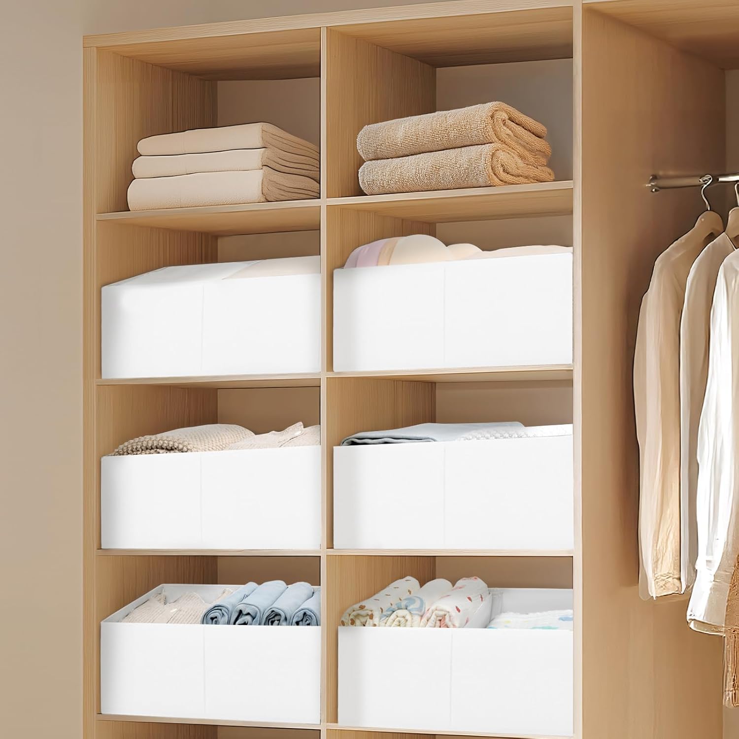 DIMJ Large Closet Shelf Organizer Bins 6 Packs with Handles and Divider, Fabric Trapezoid Storage Baskets, Foldable Clothes Containers Box for Shelf, Towel, Book, Toy, Purse, Hats, ,White