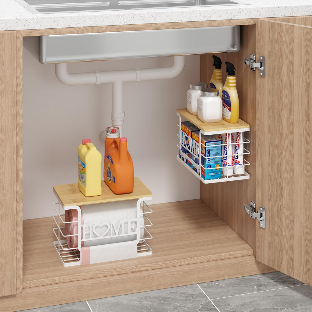 Trash Bag Holder, Thipoten Trash Bags Dispenser with Bamboo Top, Suitable for Garbage Bags Purchased Online or Supermarket, Perfect Storage Organizers for Cabinet, Under Sink (White, Large)