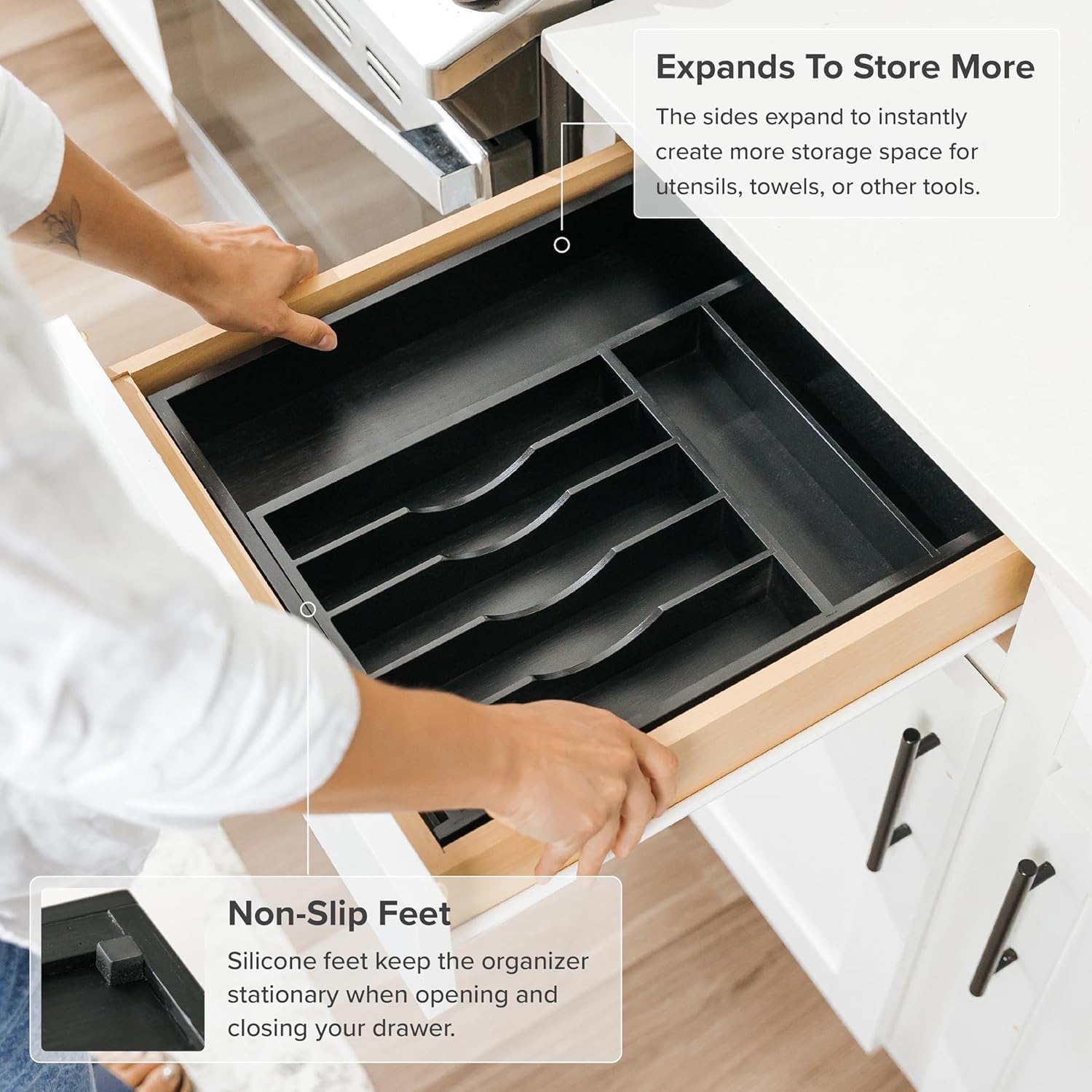 KitchenEdge Premium Silverware, Flatware and Utensil Organizer for Kitchen Drawers, Food-Safe Contract Grade, Expandable from 10.5 to 19 In, Black Bamboo