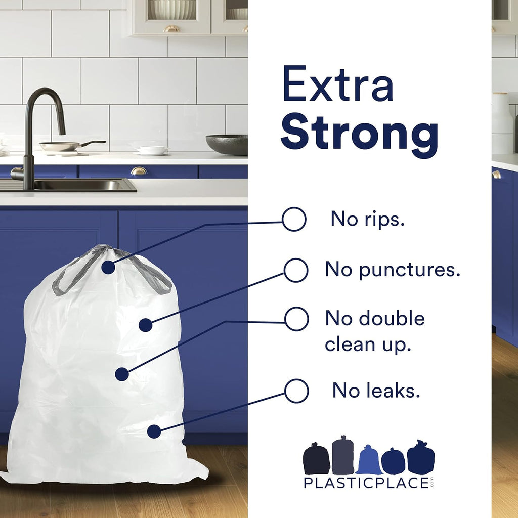 Plasticplace Custom Fit Trash Bags, Compatible with simplehuman Code G (100 Count) White Drawstring Garbage Liners 8 Gallon / 30 Liters, 17.5" x 28"