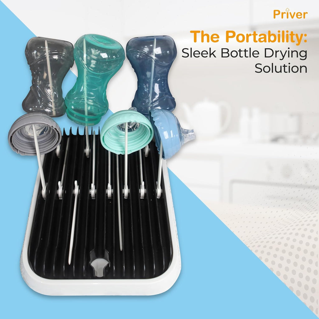 Priver - Baby Bottle Drying Rack with Tray - Space-Saving Drying Rack for Baby Bottles, Cups, Pump Parts - High Capacity Bottle Dryer - Travel Essentials - Newborn Essentials Must-Haves, White