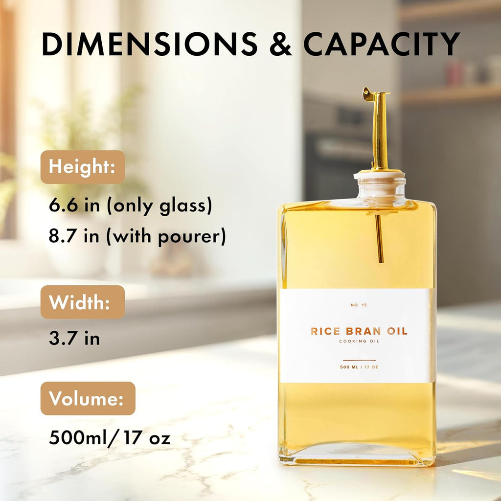 Glass Olive Oil Dispenser Bottle Set [2x17oz]: 36 Premium Gold Labels, Oil Dispenser for kitchen, Vinegar Bottle Set, Glass Dispensers for Soy Sauce, Syrup Bottles | Set of 2