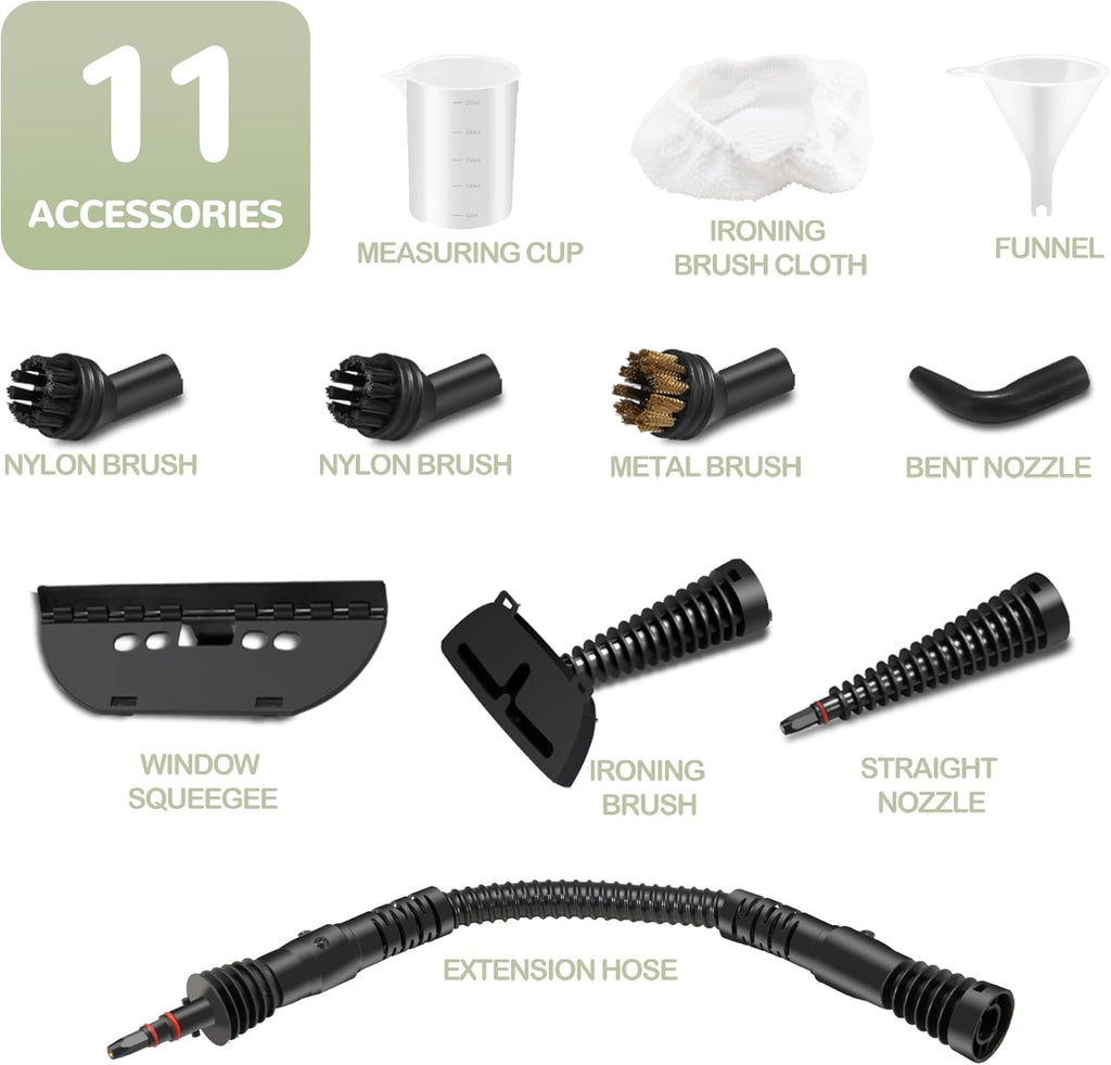 Spurgehom Handheld Steam Cleaner, Portable Steamer with Large Capacity,11-Piece Accessory Set for Floor, Car, Carpet, Upholstery, Couch, Tile, Windows Cleaning (Green)