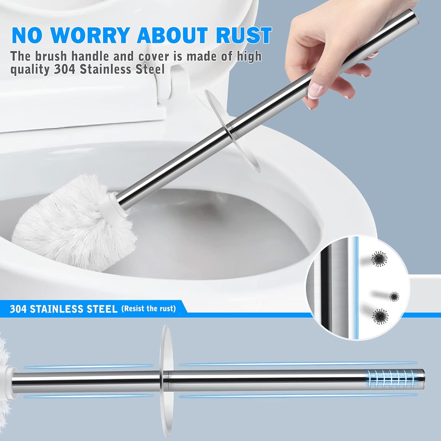 Toilet Brush and Holder, Toilet Brush with 304 Stainless Steel Long Handle, Toilet Bowl Brush for Bathroom Toilet-Elegant-Cleaning-Bristles(White)