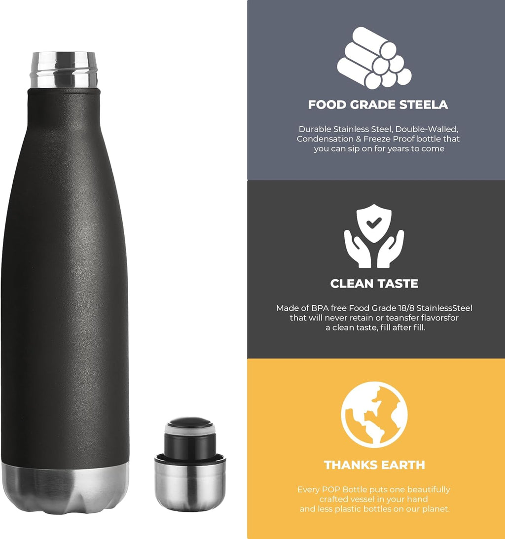 MEWAY 17oz Sport Water Bottle 12 Pack Vacuum Insulated Stainless Steel Leak-Proof Double Wall Cola Shape Water Bottle,Keep Drinks Hot & Cold (Black,12 Pack)