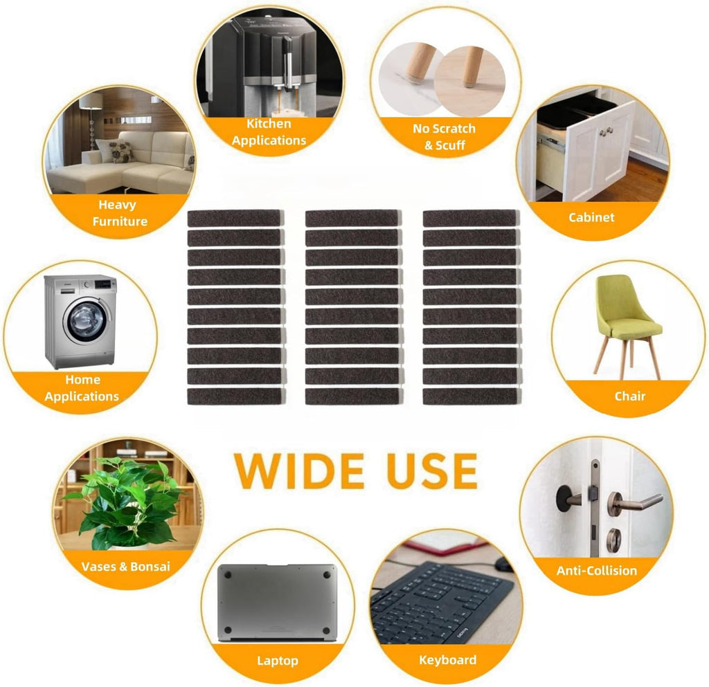 Furnigear Felt Strips with Adhesive Backing for Furniture - Felt Furniture Pads for Hardwood Floors, Furniture Chair Feet Felt Pads, Furniture Floor Protector Sliders 30 Pcs 3 x 1/2" Rectangular Brown