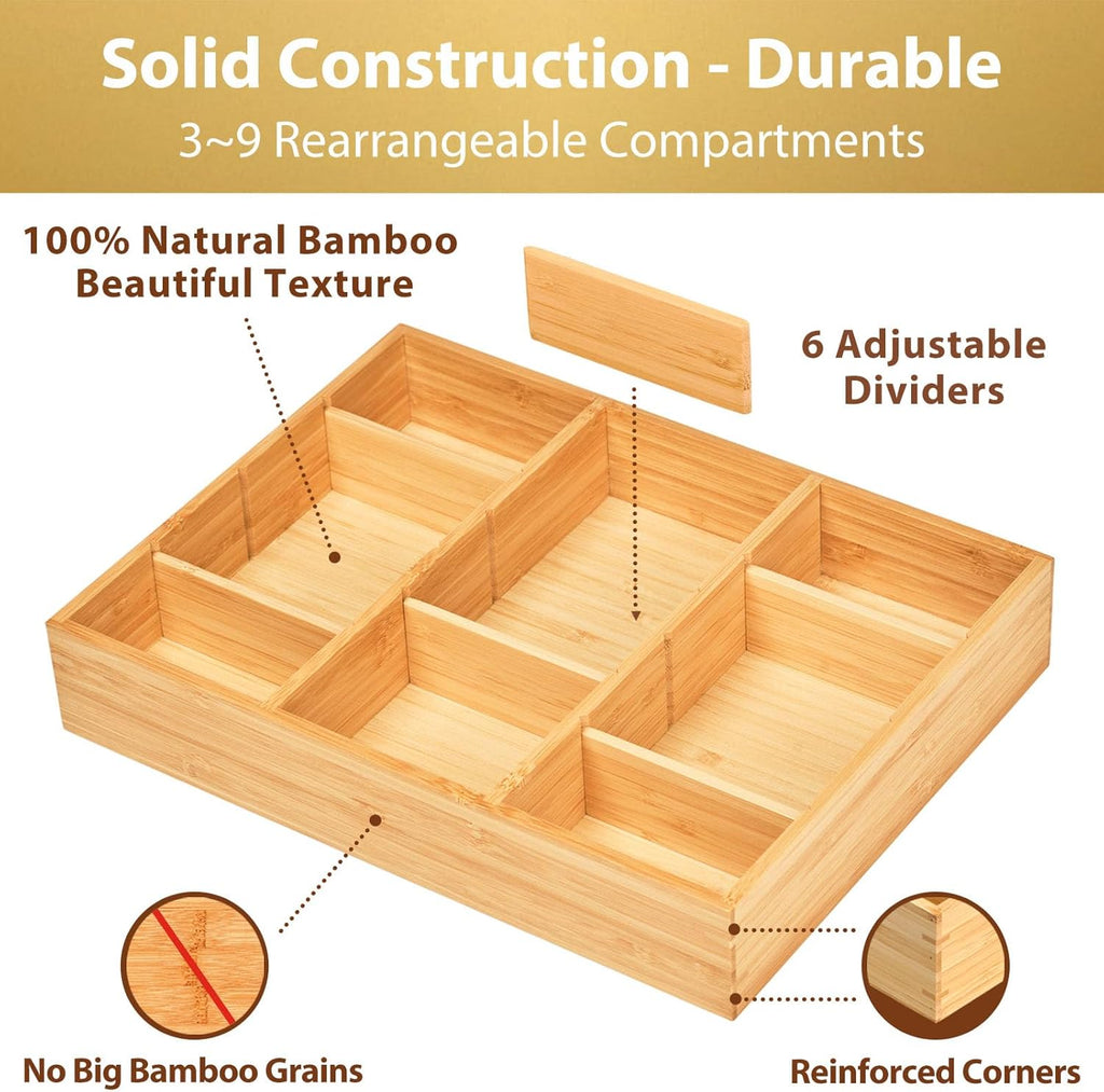 Umilife Desk Drawer Organizer, Bamboo Wood Organizer Tray with Adjustable Compartments, Office Desk Accessories Supplies Organization Storage, 12" x 9"