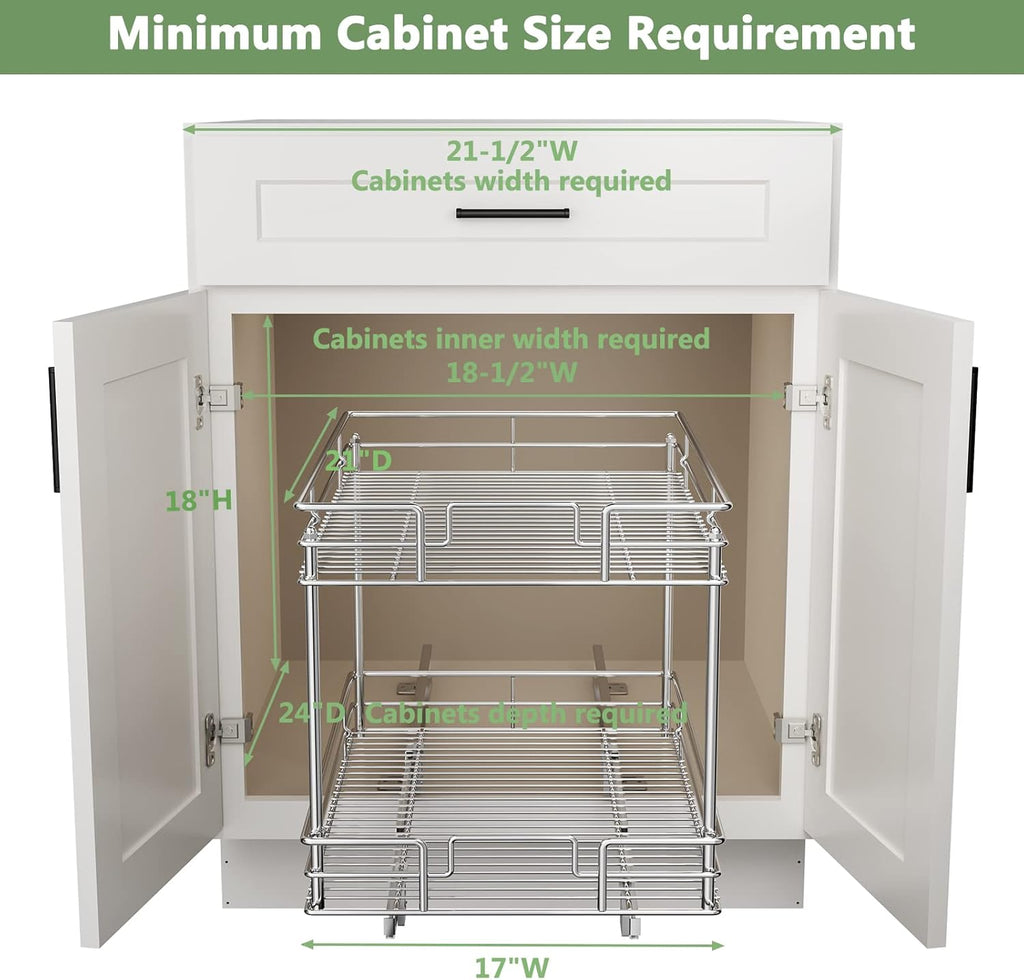 ROOMTEC Pull Out Cabinet Organizer, Kitchen Cabinet Organizer and Storage 2-Tier Cabinet Pull Out Shelves for Kitchen,Under Sink Organizers and Storage 17" W x 21" D Chrome